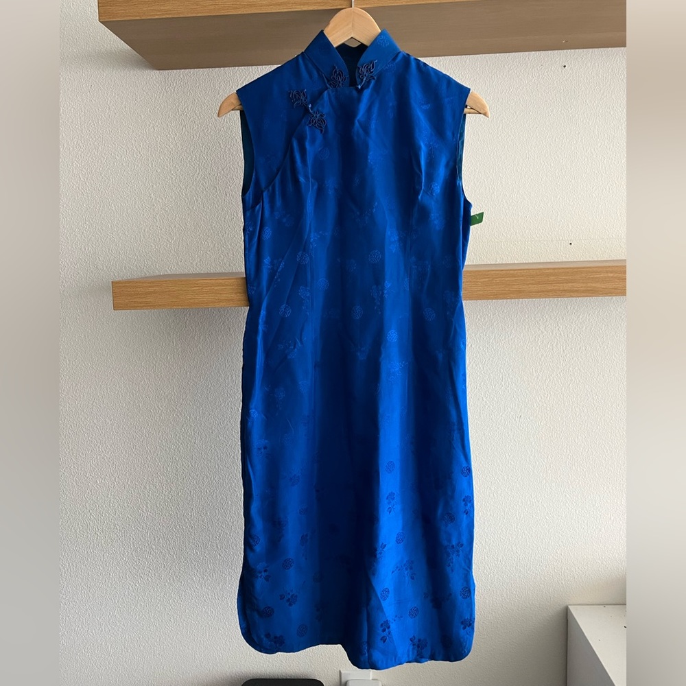 Chinese qipao royal blue silk dress